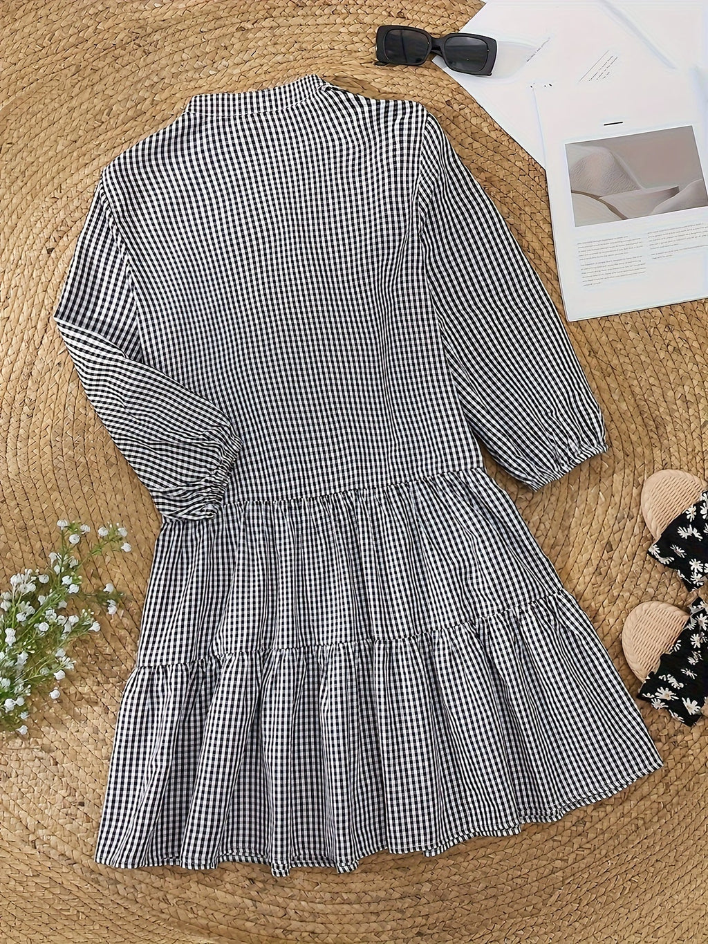 Jorvik | Women's Gingham Check Button-Down Ruffle Hem Mini Dress
