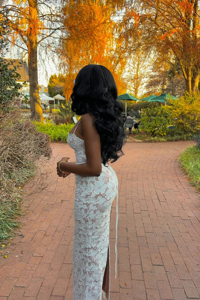 Eugenie | Women's Elegant Floral Lace Bodycon Spaghetti Strap Midi Prom Dress