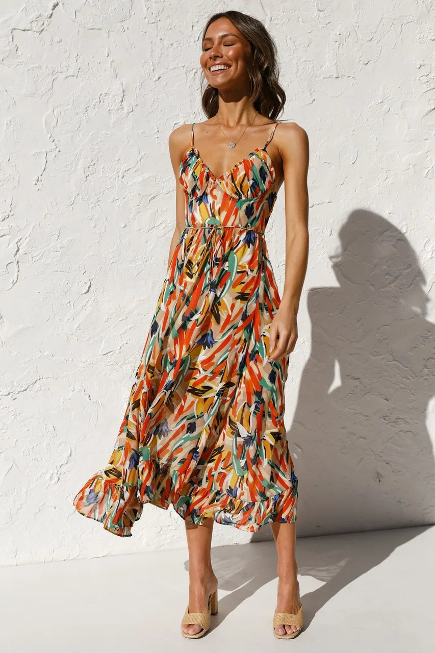 Ceinwen | Women's Tropical Print Spaghetti Strap Wrap Midi Sundress