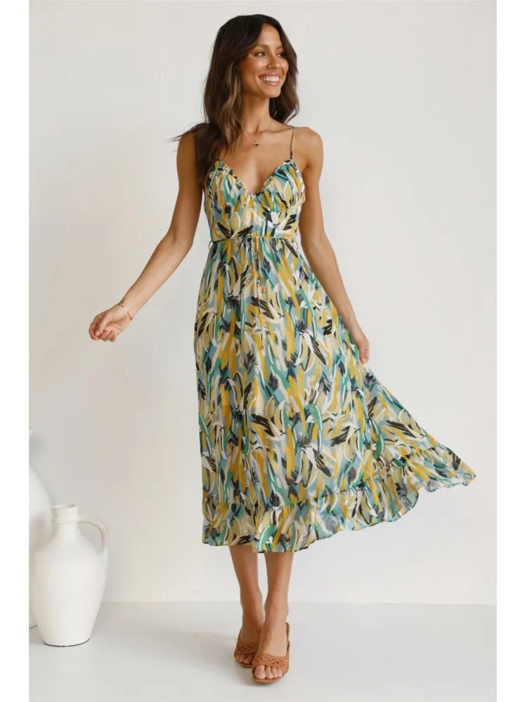 Ceinwen | Women's Tropical Print Spaghetti Strap Wrap Midi Sundress