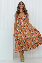 Ceinwen | Women's Tropical Print Spaghetti Strap Wrap Midi Sundress