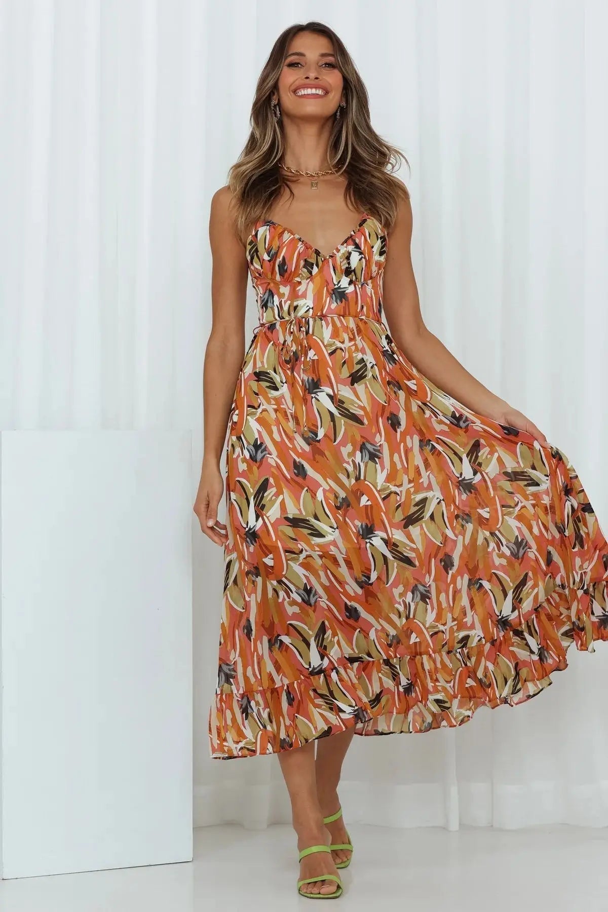 Ceinwen | Women's Tropical Print Spaghetti Strap Wrap Midi Sundress