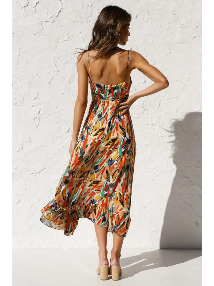 Ceinwen | Women's Tropical Print Spaghetti Strap Wrap Midi Sundress