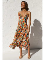 Ceinwen | Women's Tropical Print Spaghetti Strap Wrap Midi Sundress