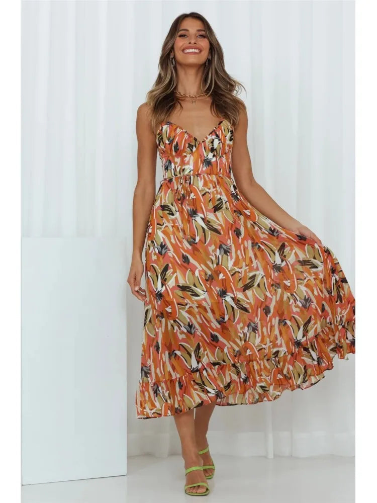 Ceinwen | Women's Tropical Print Spaghetti Strap Wrap Midi Sundress