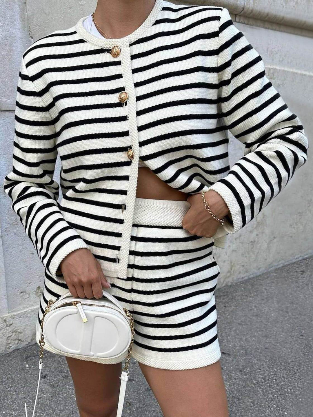 Grace & Jess | Striped Crew Neck Knitted Cardigan Jacket