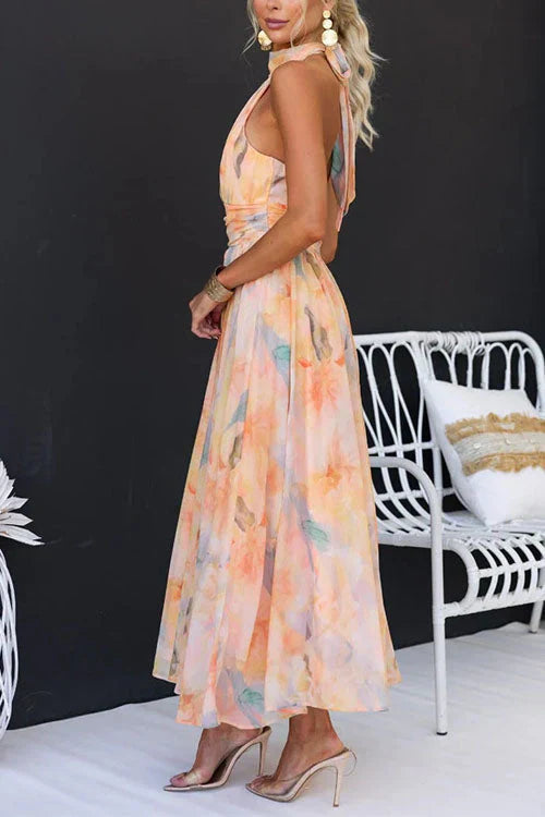 Dawn | Women's Elegant Floral Halter Neck Wedding Guest Maxi Dress