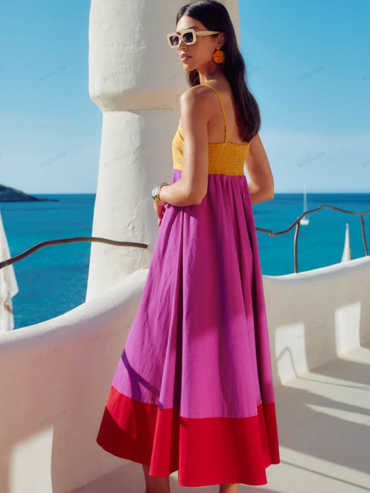 Jacqueline | Women's Colorblock Spaghetti Strap A-Line Midi Dress