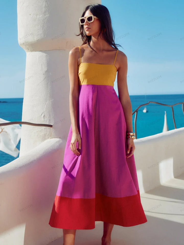 Jacqueline | Women's Colorblock Spaghetti Strap A-Line Midi Dress