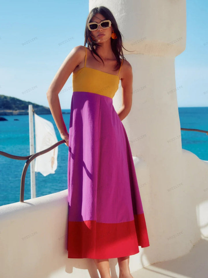 Jacqueline | Women's Colorblock Spaghetti Strap A-Line Midi Dress