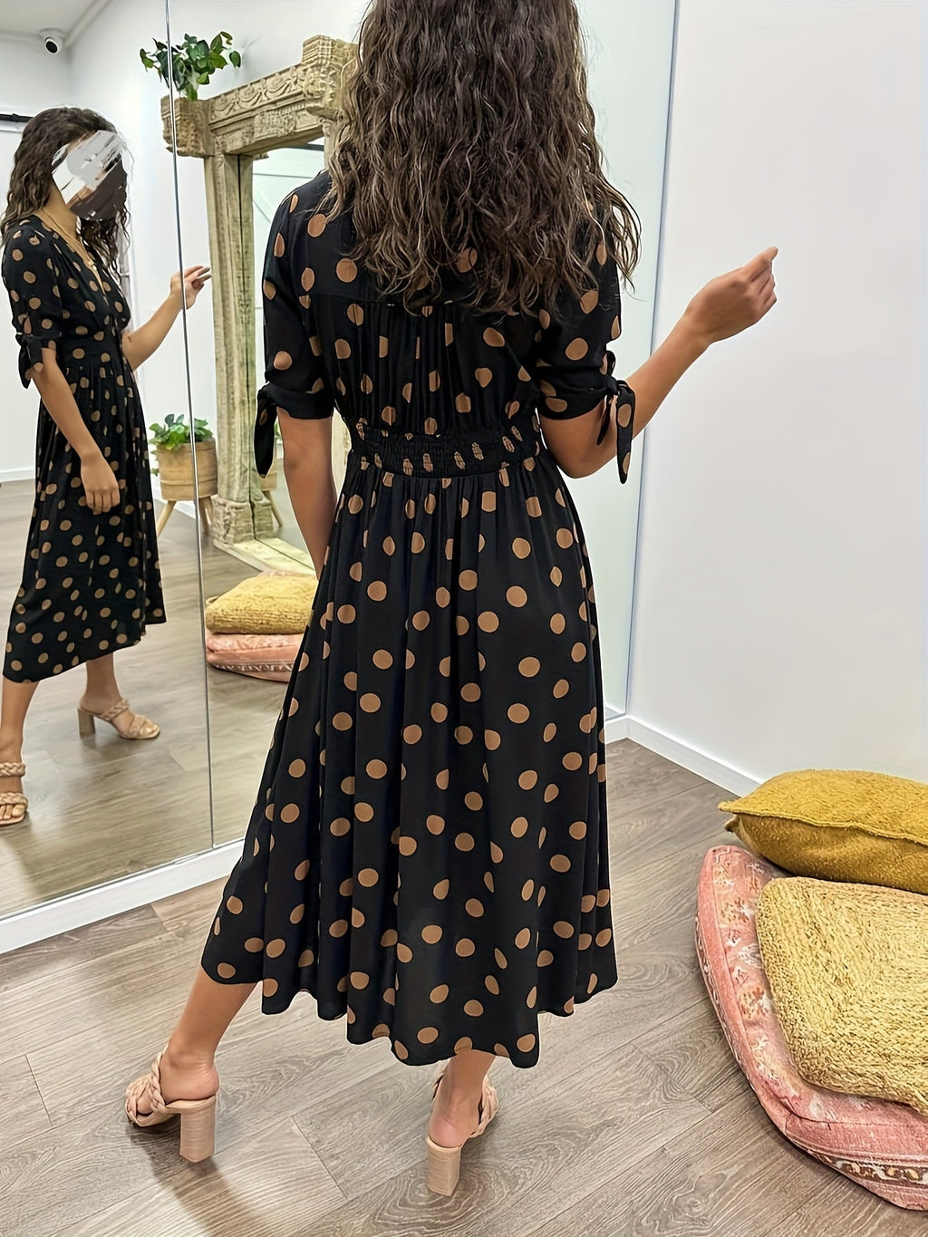 Crystal | Women's Polka Dot Wrap V-Neck Puff Sleeve Midi Dress