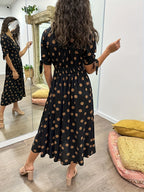 Crystal | Women's Polka Dot Wrap V-Neck Puff Sleeve Midi Dress