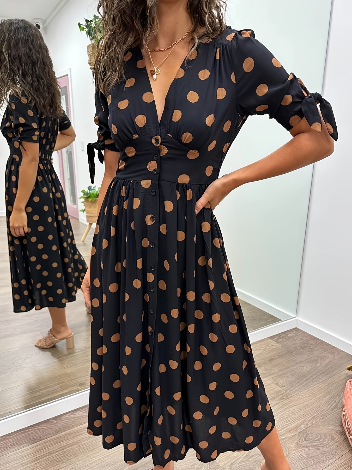 Crystal | Women's Polka Dot Wrap V-Neck Puff Sleeve Midi Dress