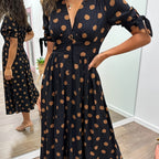 Crystal | Women's Polka Dot Wrap V-Neck Puff Sleeve Midi Dress