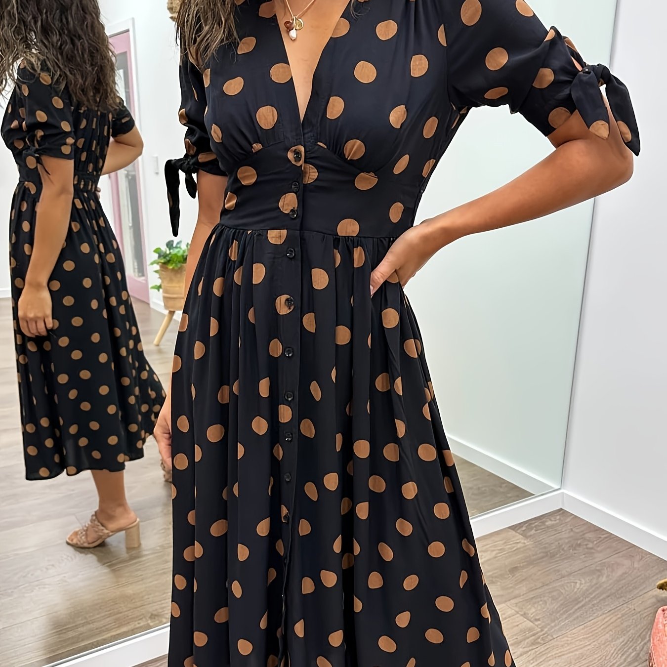 Crystal | Women's Polka Dot Wrap V-Neck Puff Sleeve Midi Dress