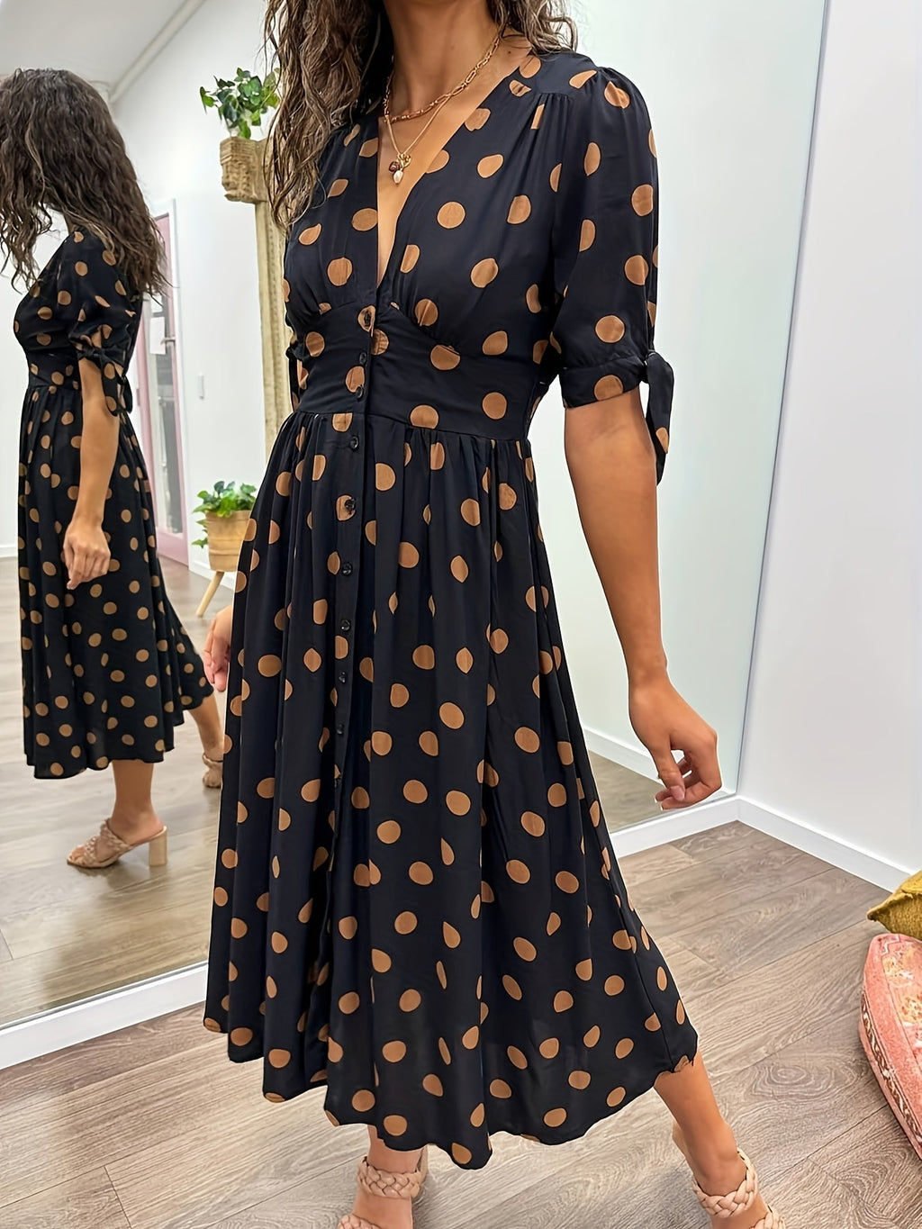 Crystal | Women's Polka Dot Wrap V-Neck Puff Sleeve Midi Dress