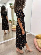 Crystal | Women's Polka Dot Wrap V-Neck Puff Sleeve Midi Dress