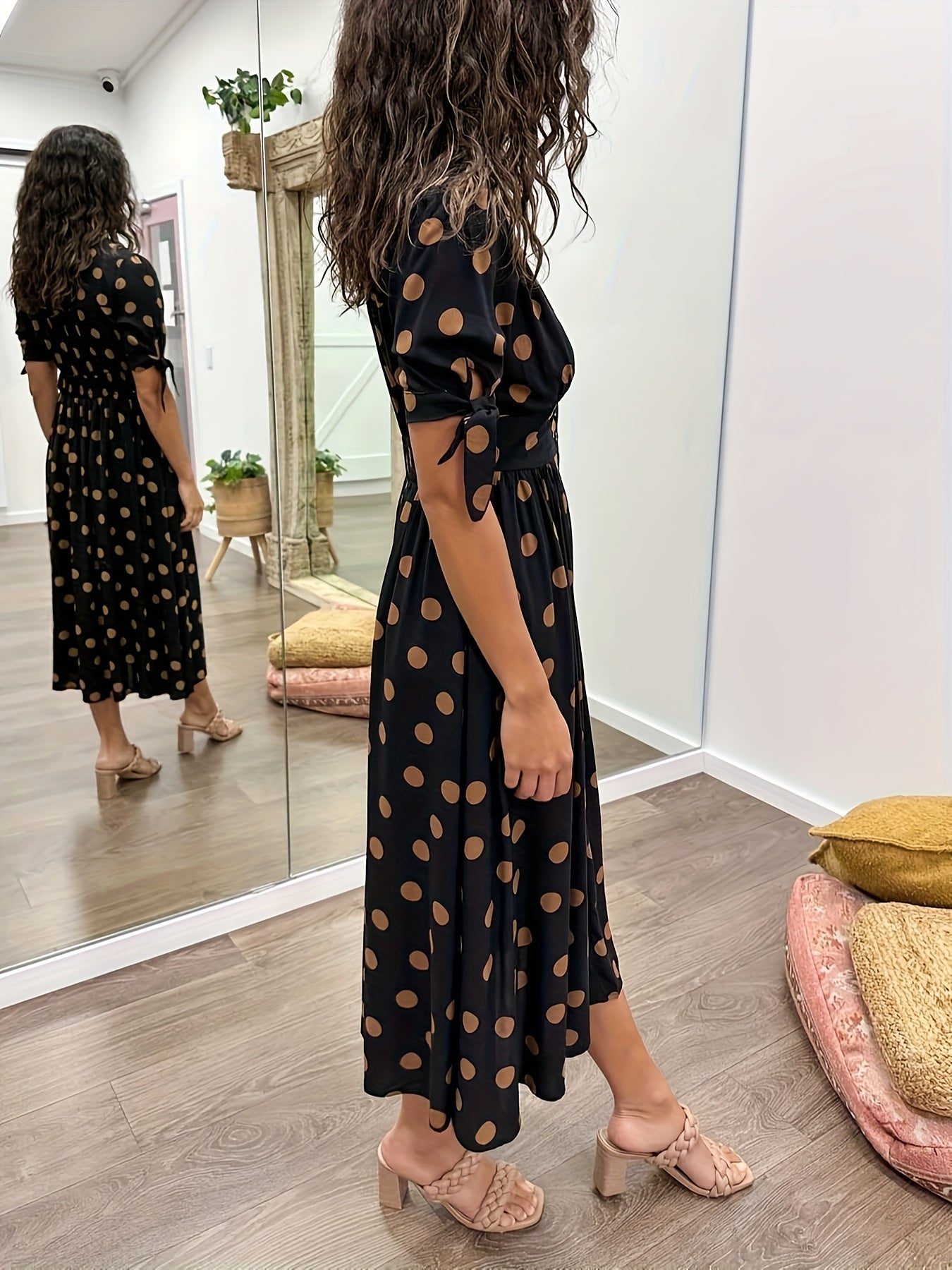 Crystal | Women's Polka Dot Wrap V-Neck Puff Sleeve Midi Dress