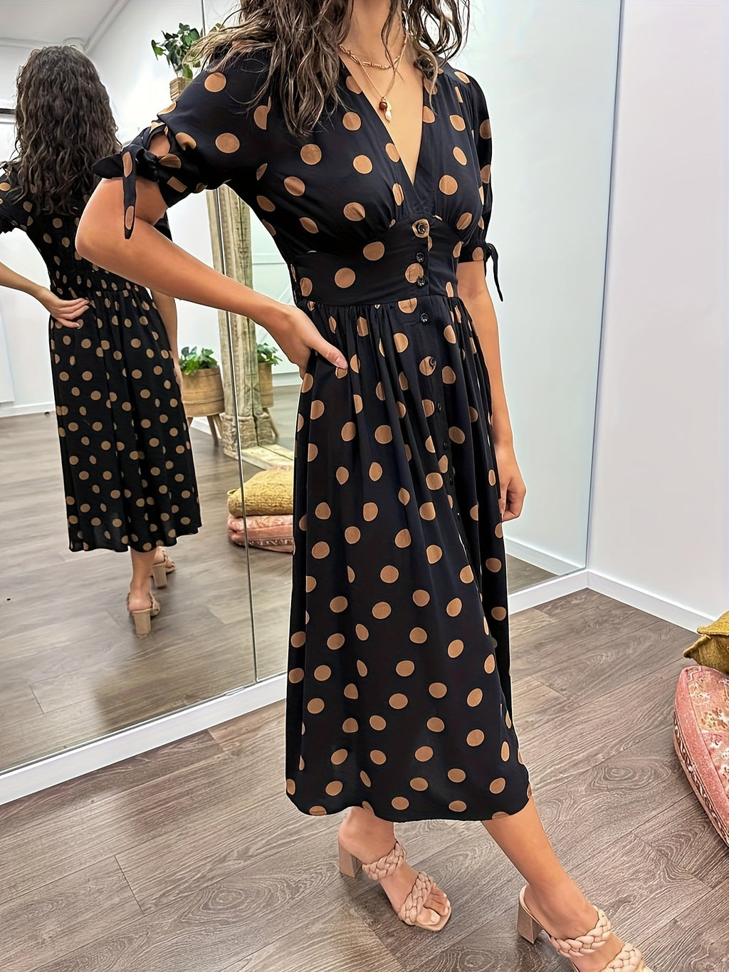 Crystal | Women's Polka Dot Wrap V-Neck Puff Sleeve Midi Dress