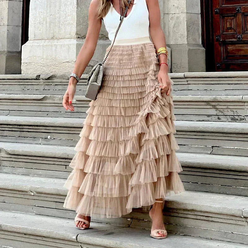 Leif | Women's High-Waisted Ruffle Tiered Maxi Skirt