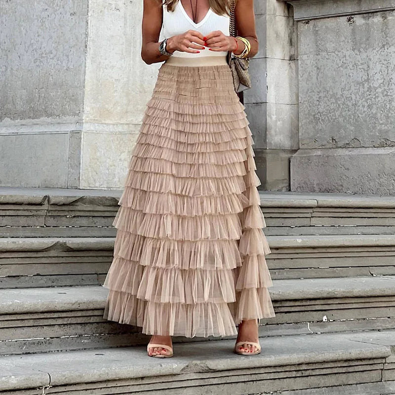 Leif | Women's High-Waisted Ruffle Tiered Maxi Skirt