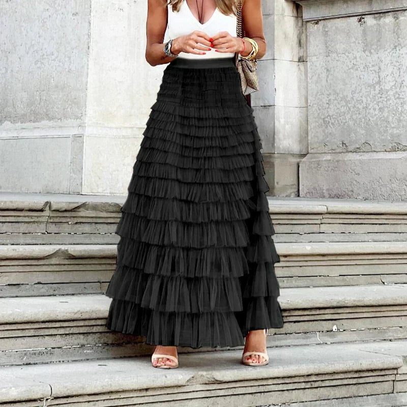 Leif | Women's High-Waisted Ruffle Tiered Maxi Skirt