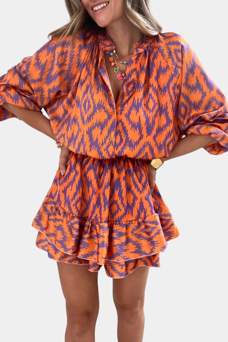 Yasmine Mini Jumpsuit with Ruffles and Ikat Print