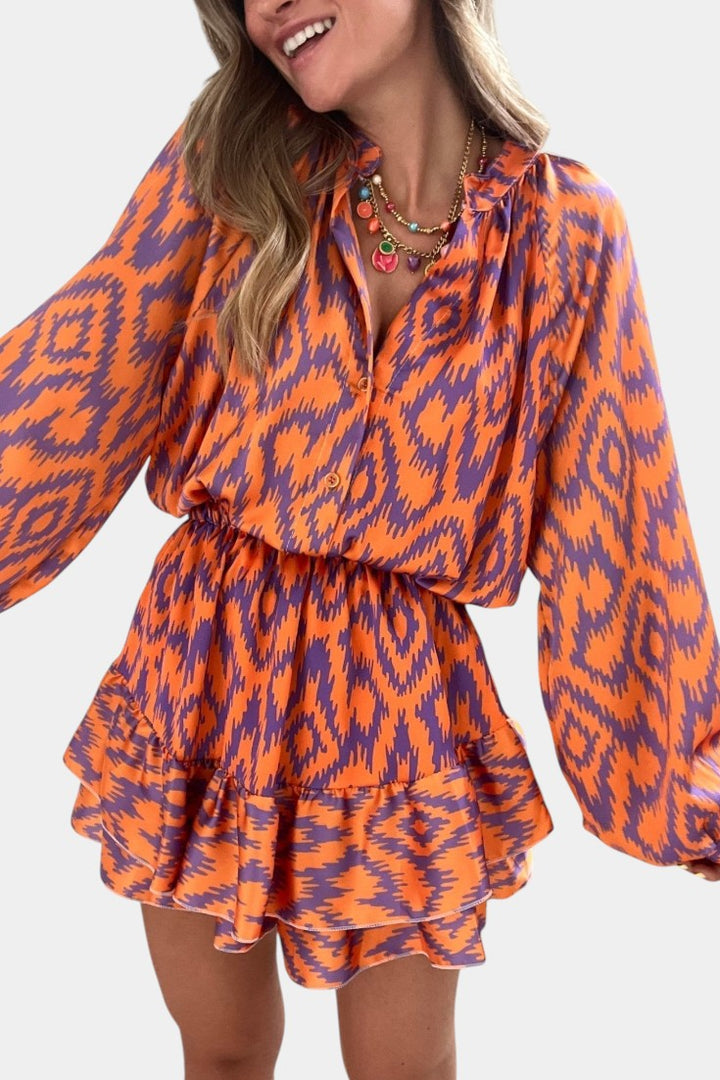 Yasmine Mini Jumpsuit with Ruffles and Ikat Print