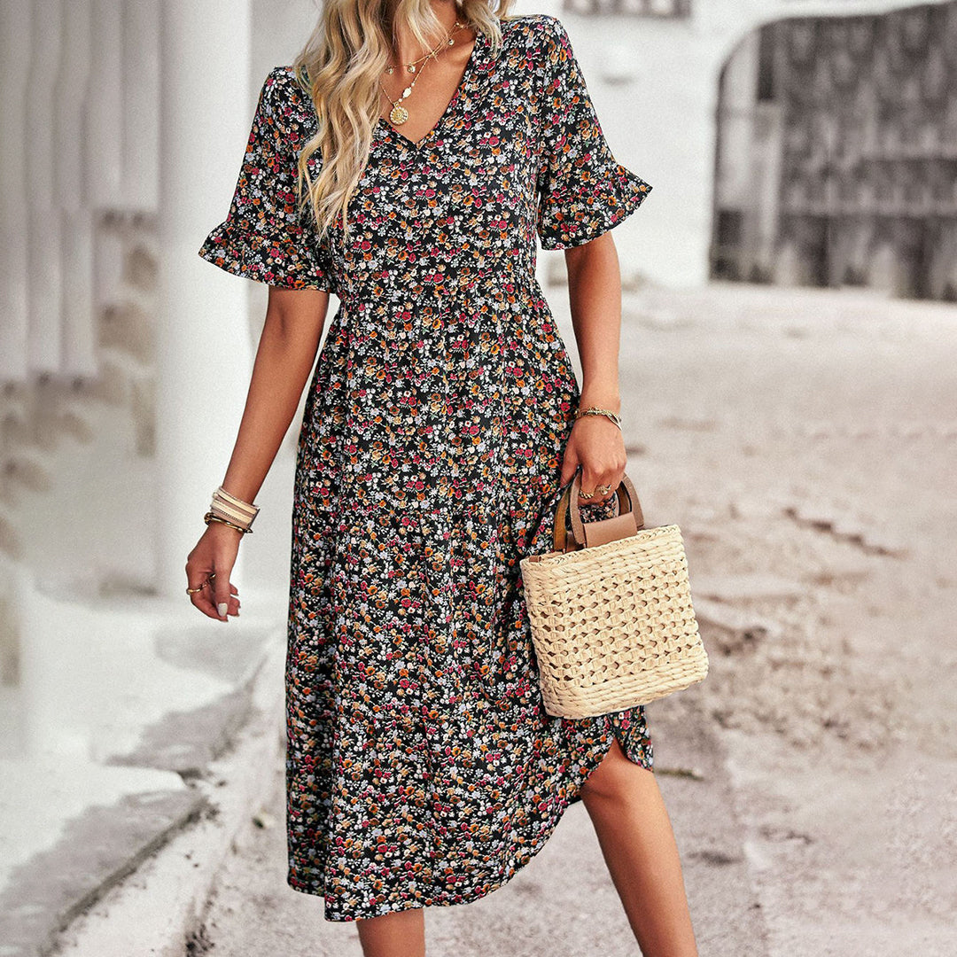 Hortense | Women's Floral V-Neck Ruffle Sleeve Midi Dress