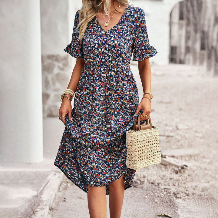 Hortense | Women's Floral V-Neck Ruffle Sleeve Midi Dress