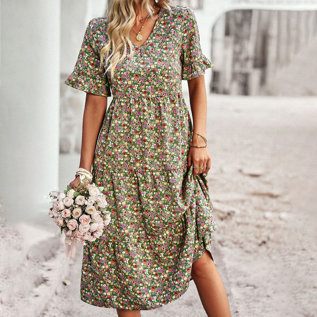 Hortense | Women's Floral V-Neck Ruffle Sleeve Midi Dress