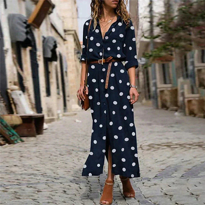 Zephira | Women's Polka Dot Long Sleeve Button-Down Maxi Dress