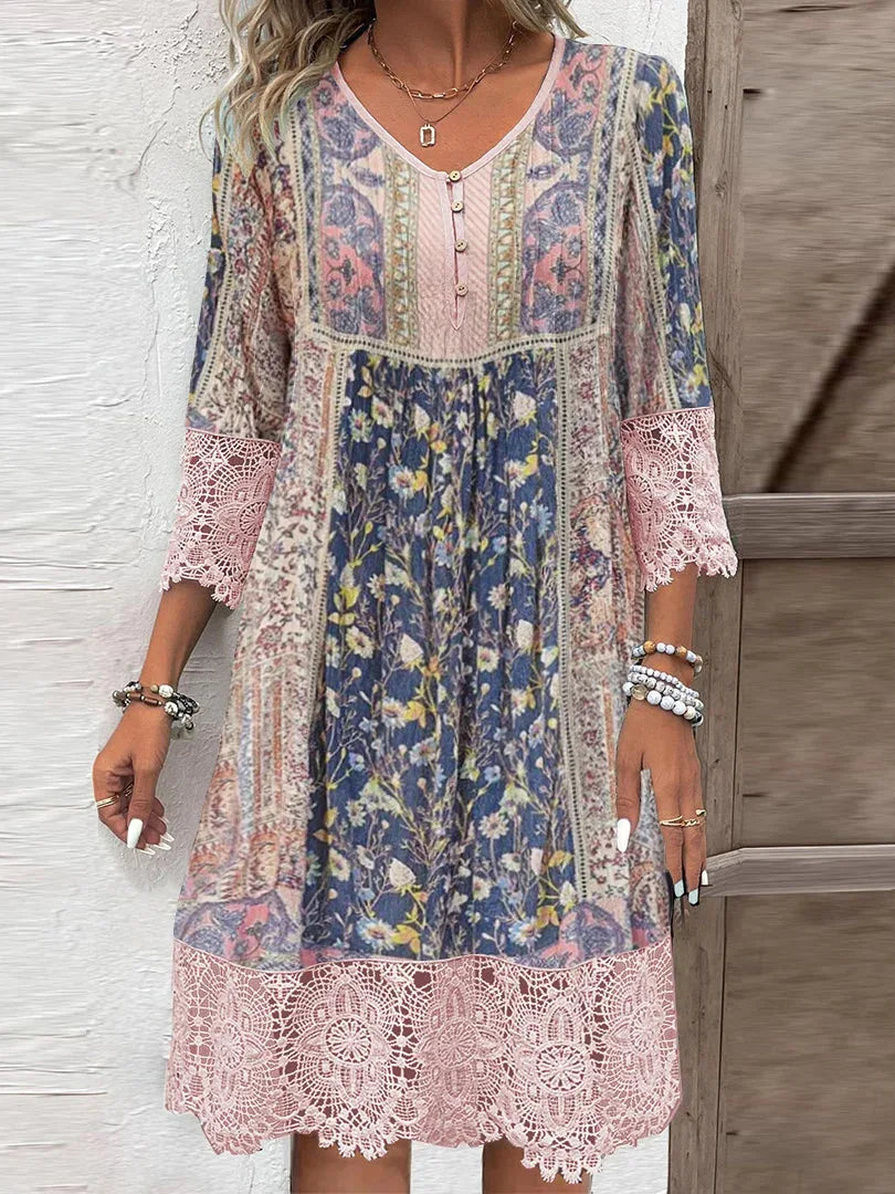Kinvara | Women's Floral Print Lace Trim Midi Dress