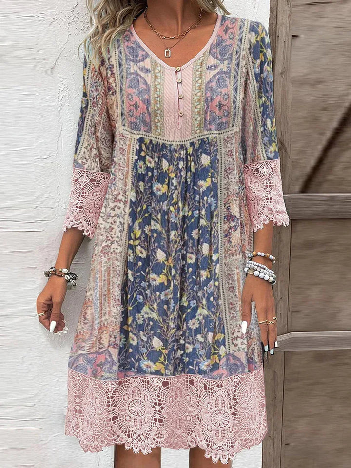 Kinvara | Women's Floral Print Lace Trim Midi Dress