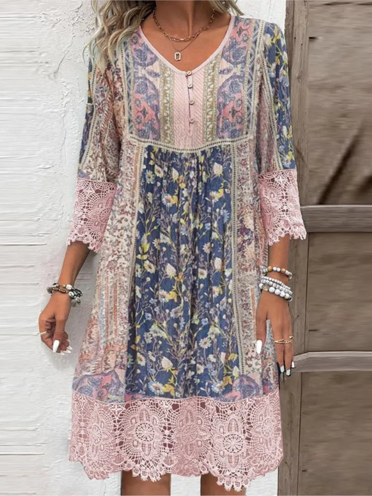Kinvara | Women's Floral Print Lace Trim Midi Dress
