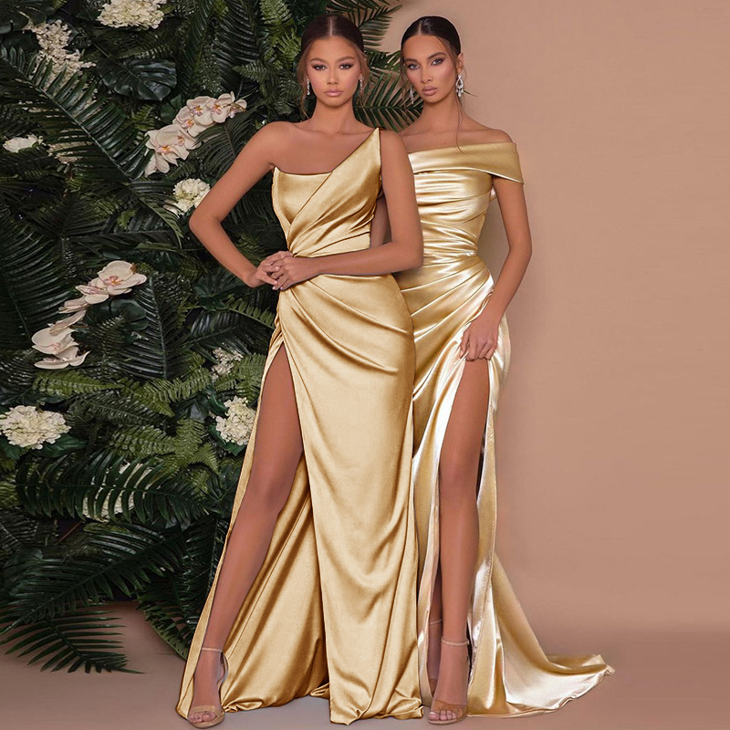 Lauren | Women's Satin One Shoulder Ruched High Slit Maxi Prom Dress