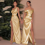 Lauren | Women's Satin One Shoulder Ruched High Slit Maxi Prom Dress