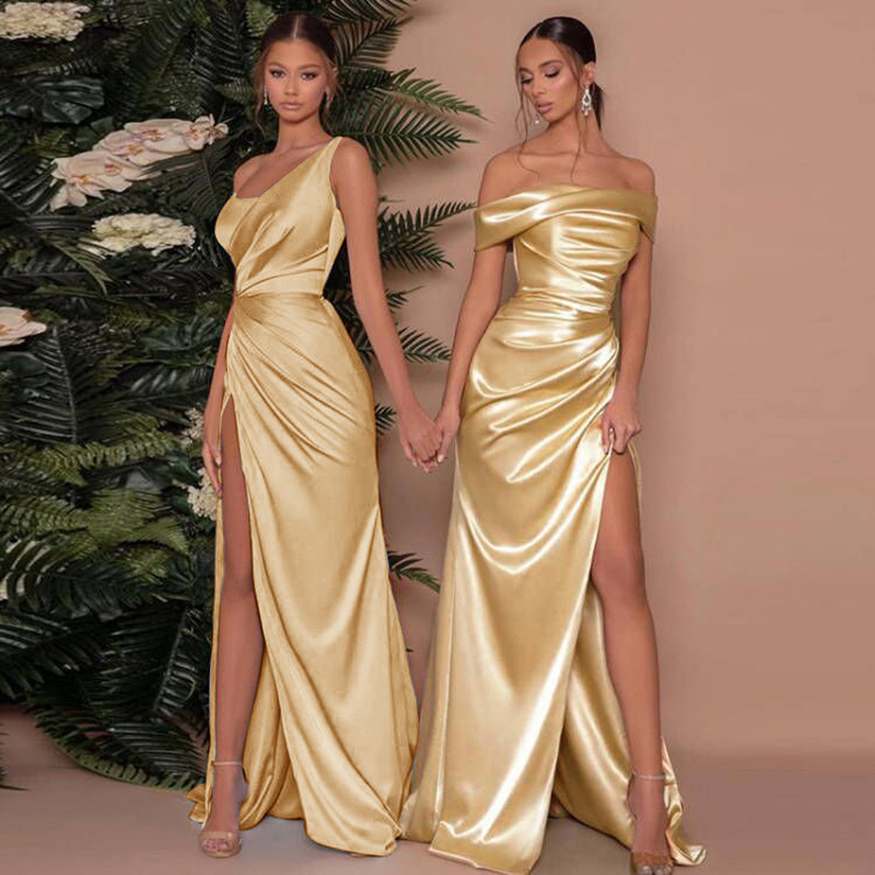 Lauren | Women's Satin One Shoulder Ruched High Slit Maxi Prom Dress