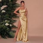 Lauren | Women's Satin One Shoulder Ruched High Slit Maxi Prom Dress