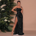 Lauren | Women's Satin One Shoulder Ruched High Slit Maxi Prom Dress