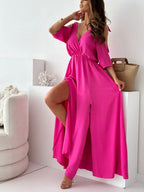 Osvifa | Women's Cold Shoulder Wrap V-Neck Maxi Dress