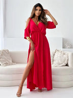 Osvifa | Women's Cold Shoulder Wrap V-Neck Maxi Dress