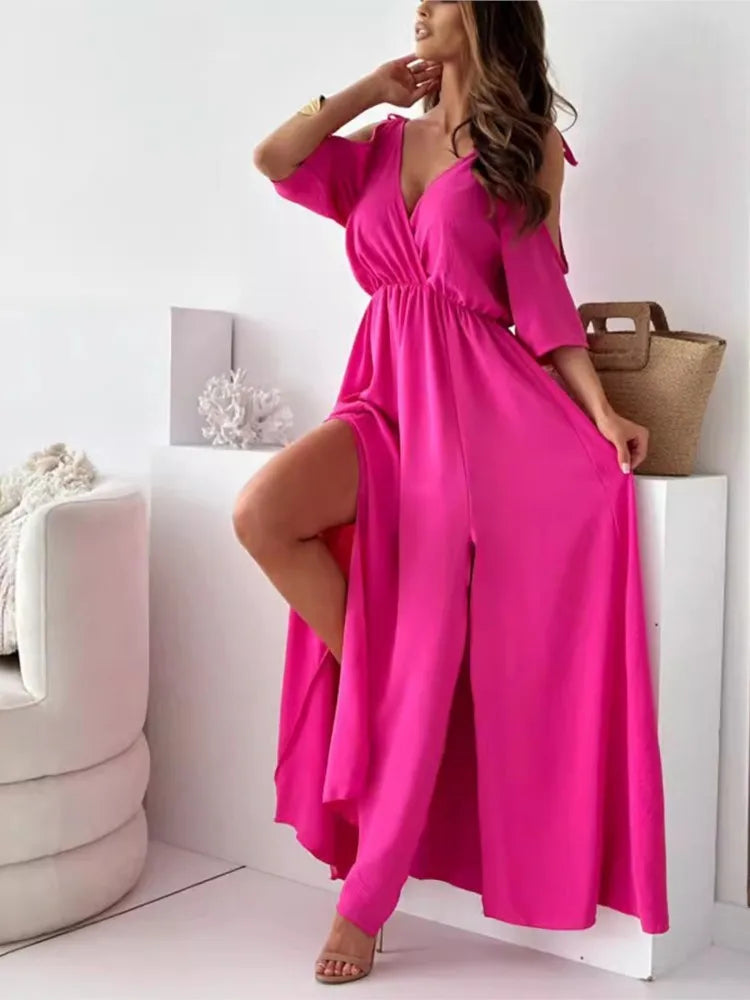 Osvifa | Women's Cold Shoulder Wrap V-Neck Maxi Dress