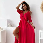 Osvifa | Women's Cold Shoulder Wrap V-Neck Maxi Dress