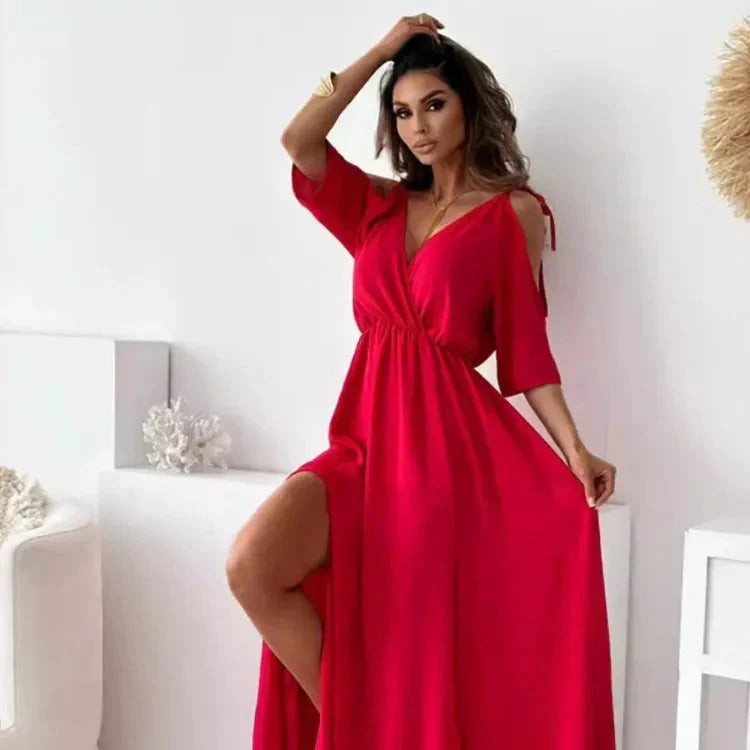 Osvifa | Women's Cold Shoulder Wrap V-Neck Maxi Dress