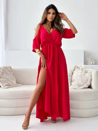 Osvifa | Women's Cold Shoulder Wrap V-Neck Maxi Dress