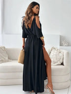 Osvifa | Women's Cold Shoulder Wrap V-Neck Maxi Dress