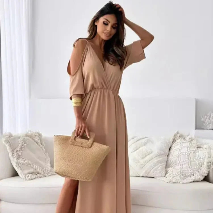 Osvifa | Women's Cold Shoulder Wrap V-Neck Maxi Dress