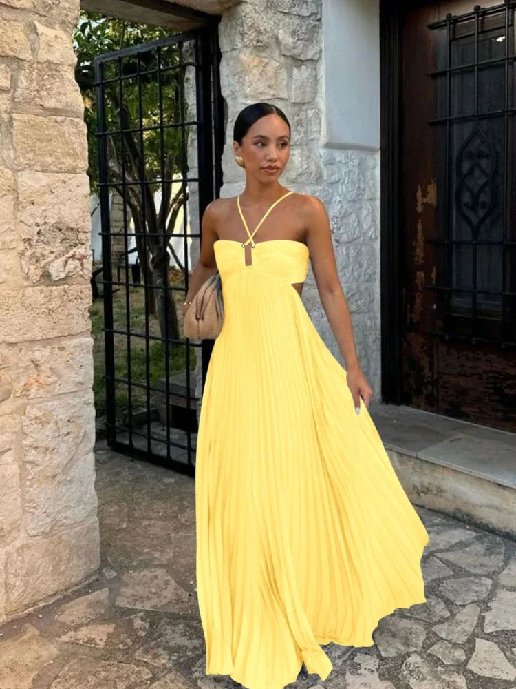 Vesper | Women's Elegant Pleated Backless Maxi Prom Dress