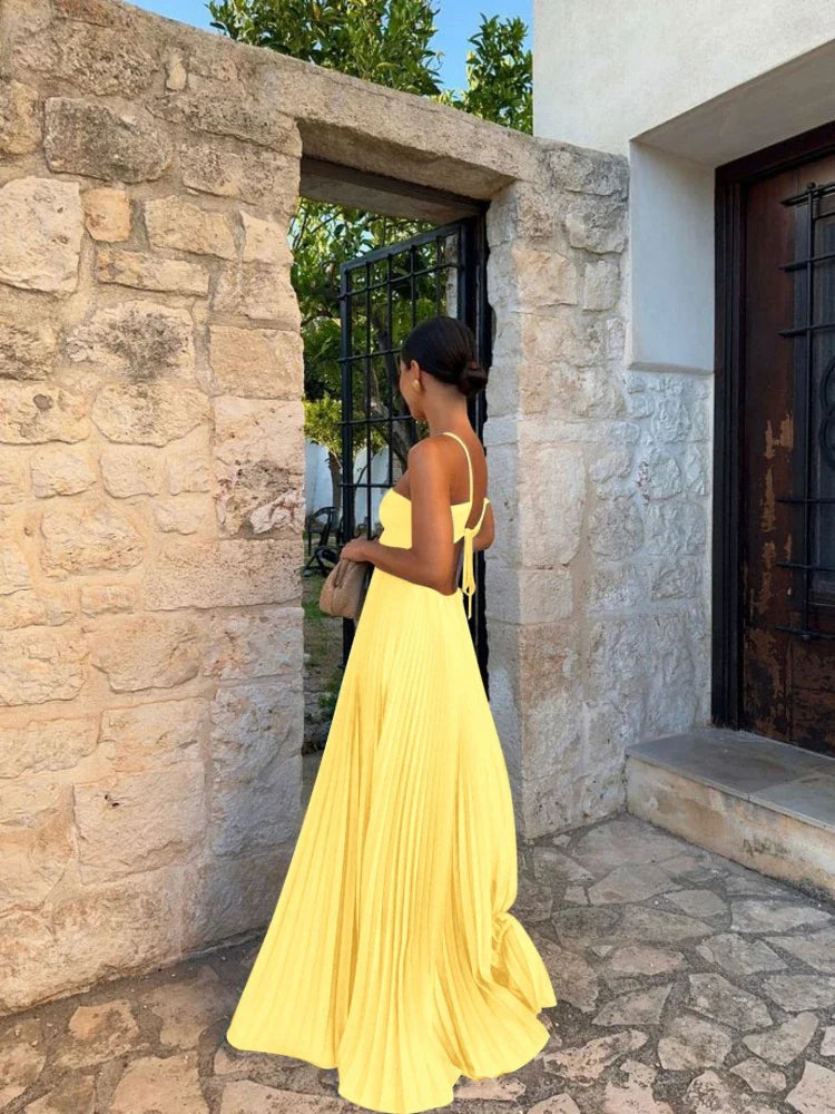 Vesper | Women's Elegant Pleated Backless Maxi Prom Dress